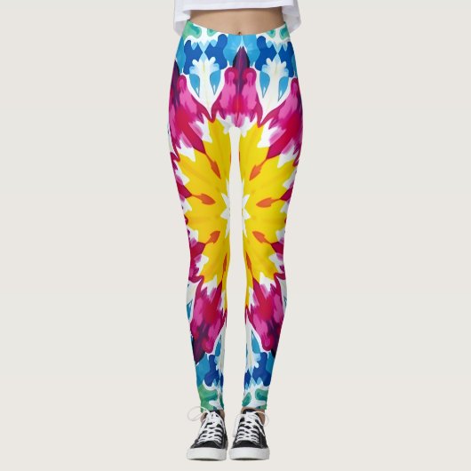 Levendige stropdas-kleurstof explosie in geel, roz leggings (Voorkant)