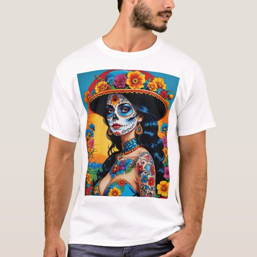 Levendige Sugar Skull Art T Shirt Retro Esthetisch (Voorkant)