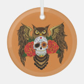 Levendige Suiker Schedel Uil Rood Rozen Glas Ornament (Voorkant)