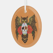 Levendige Suiker Schedel Uil Rood Rozen Glas Ornament (Voorkant links)