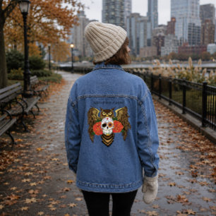 Levendige Suiker Skull Uil Rood Rozen Denim Jacket