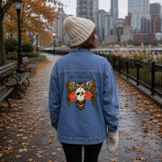Levendige Suiker Skull Uil Rood Rozen Denim Jacket