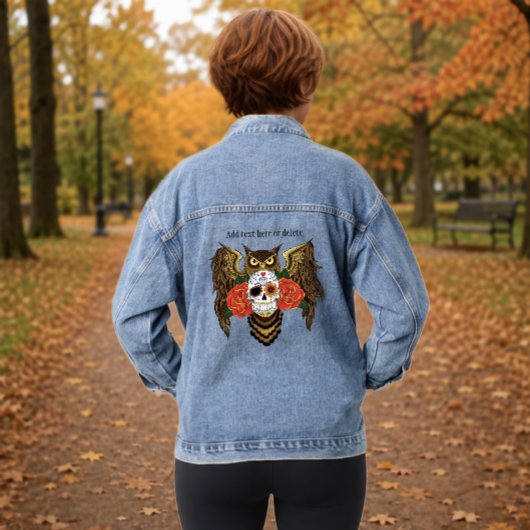 Levendige Suiker Skull Uil Rood Rozen Denim Jacket