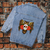 Levendige Suiker Skull Uil Rood Rozen Denim Jacket