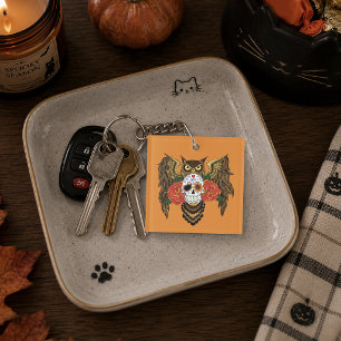 Levendige Suiker Skull Uil Rood Rozen Sleutelhanger