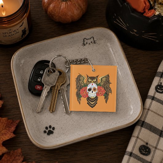 Levendige Suiker Skull Uil Rood Rozen Sleutelhanger