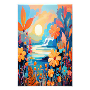 Levendige Sunset Floral Landschap Natuur Art Foto Afdruk