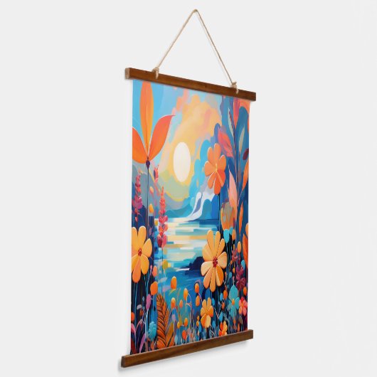 Levendige Sunset Floral Landschap Natuur Art Hangend Wandkleed (Gebogen)