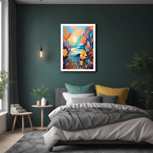 Levendige Sunset Floral Landschap Natuur Art Poster