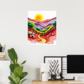 Levendige Sunset Hillside met Lone Tree Waterverf Poster (Thuiskantoor)