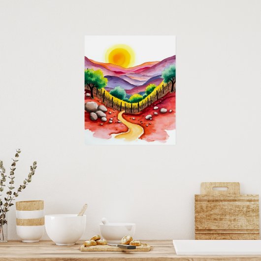 Levendige Sunset Hillside met Lone Tree Waterverf Poster (Keuken)