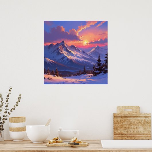 Levendige Sunset Mountain Landscape Schilderij Poster (Keuken)