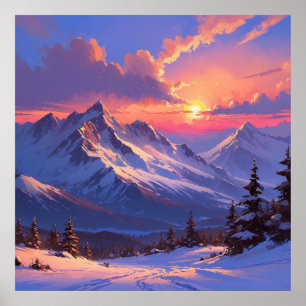 Levendige Sunset Mountain Landscape Schilderij Poster