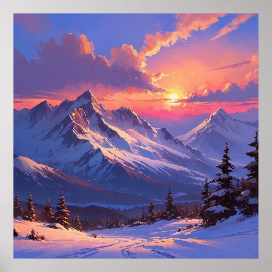 Levendige Sunset Mountain Landscape Schilderij Poster (Voorkant)