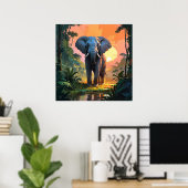 Levendige Sunset Olifant Wildlife Schilderij Poster (Thuiskantoor)