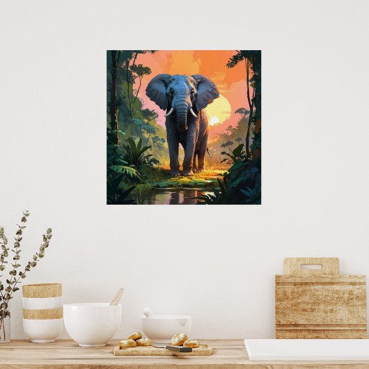 Levendige Sunset Olifant Wildlife Schilderij Poster (Keuken)