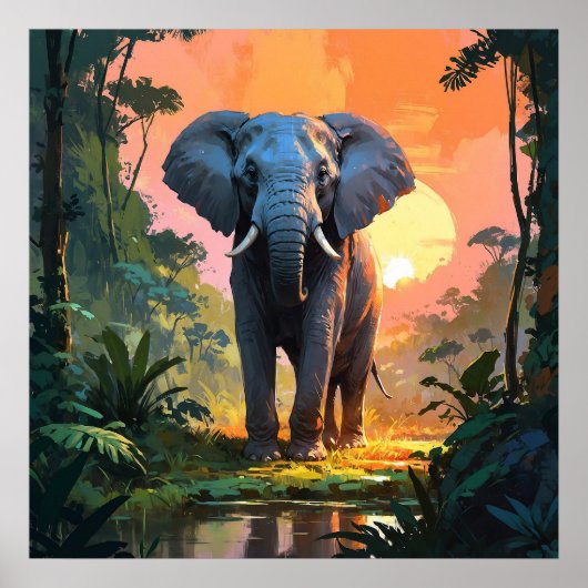 Levendige Sunset Olifant Wildlife Schilderij Poster (Voorkant)