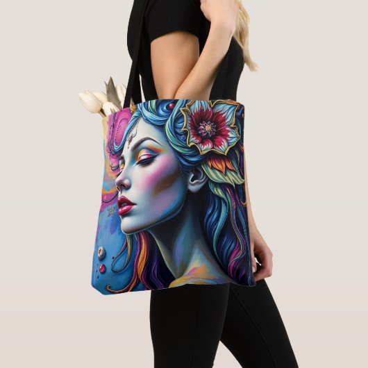 Levendige surrealistische portretkunst tote bag (Dichtbij)