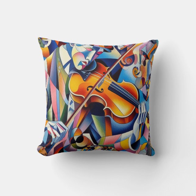 Levendige Symfonie: Abstracte Violist Kunst Kussen (Voorkant)