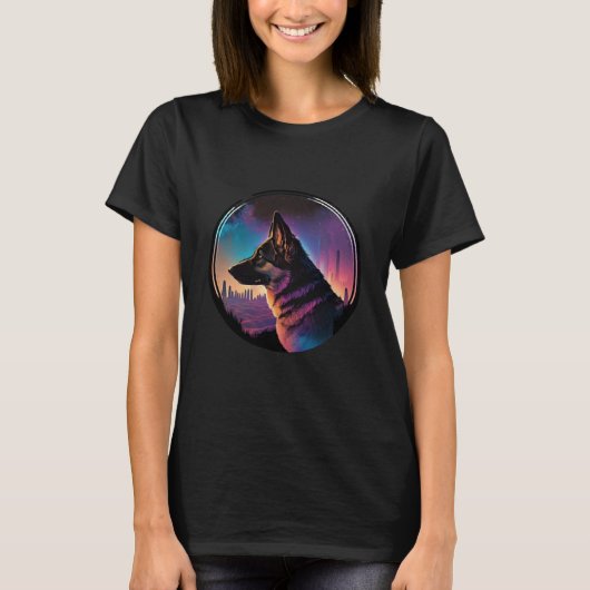 Levendige Synthwave Duitse Herder met 80s Esthetie T-shirt (Voorkant)