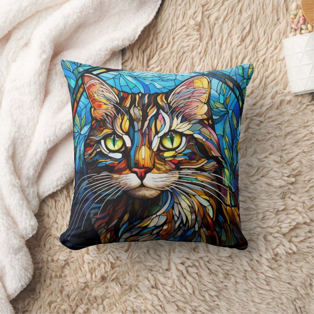 Levendige Tabby Kat Gebrandschilderde Glasstijl Kussen (Deken)