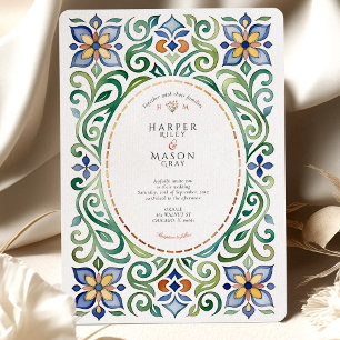 Levendige Talavera Tegel Waterverf Floral Wedding Kaart