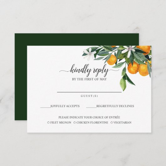 Levendige Tangerine Citrus Oranje Maaltijd keuze R RSVP Kaartje (Voorkant / Achterkant)