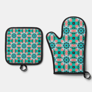 Levendige Teal en Zalm Geometrische Kaleidoscoop P Ovenwant & Pannenlap Set