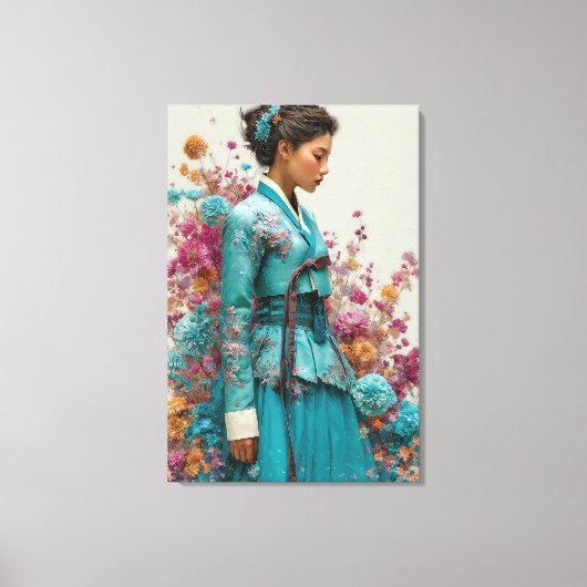Levendige Teal Hanbok en Wilde Bloem Canvas Kunst (Voorkant)