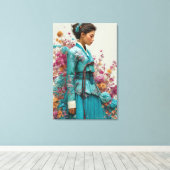 Levendige Teal Hanbok en Wilde Bloem Canvas Kunst (Insitu (Houten vloer))