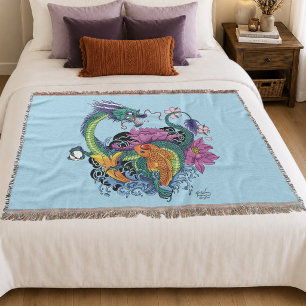 Levendige Teal Oosterse Koi Draak Lotus Bloem Deken