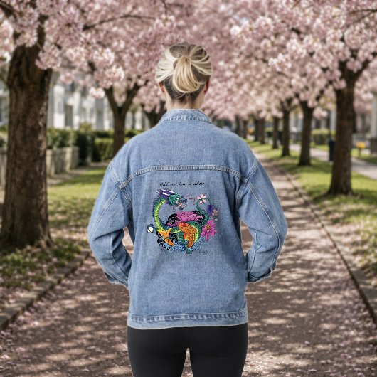 Levendige Teal Oosterse Koi Draak Lotus Bloem Denim Jacket