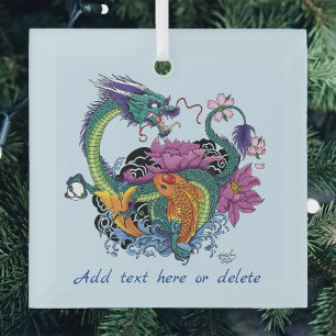 Levendige Teal Oosterse Koi Draak Lotus Bloem Glas Ornament