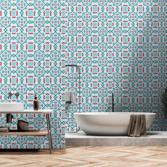 Levendige Teal & Rode Talavera Mexicaanse Tegelpat Behang (Badkamer)