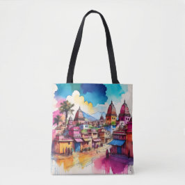 Levendige Tempel Townscape - Aquarel Art Tote Bag
