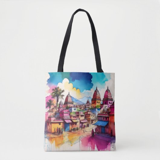 Levendige Tempel Townscape - Aquarel Art Tote Bag (Voorkant)