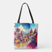 Levendige Tempel Townscape - Aquarel Art Tote Bag (Achterkant)