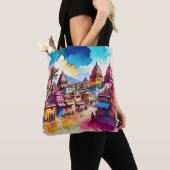 Levendige Tempel Townscape - Aquarel Art Tote Bag (Dichtbij)