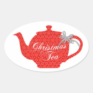Levendige theepot voor kerstfeest ovale sticker