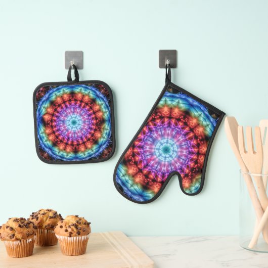 Levendige Tie Dye Kaleidoscoop Rainbow Mandala Ovenwant & Pannenlap Set (Insitu(Ophanging))