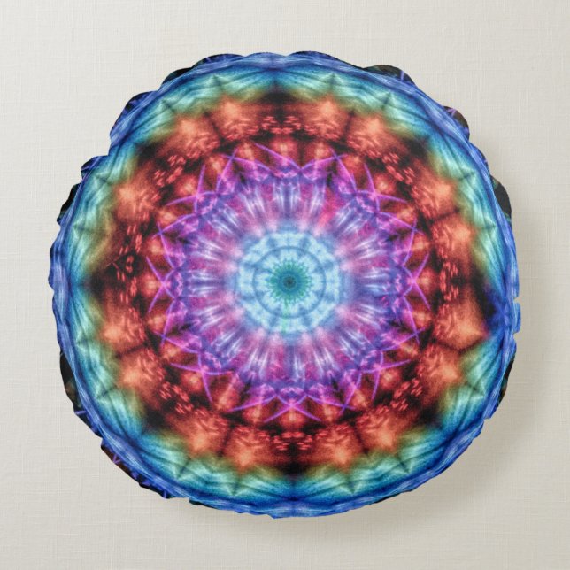 Levendige Tie Dye Kaleidoscoop Rainbow Mandala Rond Kussen (Voorkant)