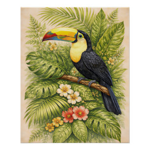 Levendige Toekan Jungle Botanische Exotische Bloem Perfect Poster