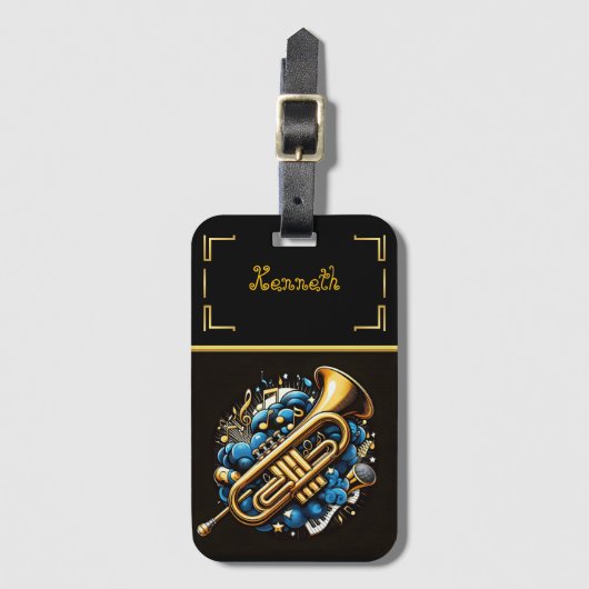 Levendige trompet en noten op zwart bagagelabel (Voorkant (verticaal))