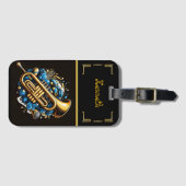 Levendige trompet en noten op zwart bagagelabel (Voorkant (horizontaal))