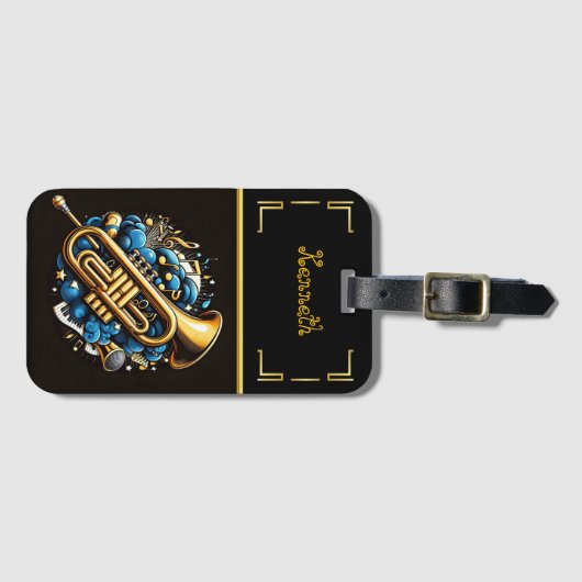 Levendige trompet en noten op zwart bagagelabel (Voorkant (horizontaal))
