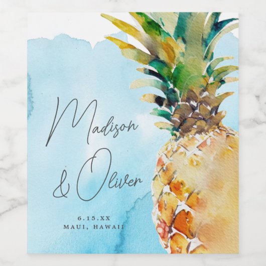 Levendige tropische ananas Waterverf bruiloft Wijn Etiket (Enkel label)