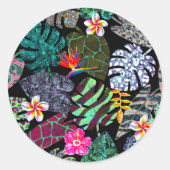 Levendige tropische bladeren en bloemen patroon ronde sticker (Voorkant)