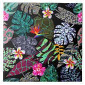 Levendige tropische bladeren en bloemen patroon tegeltje (Voorkant)