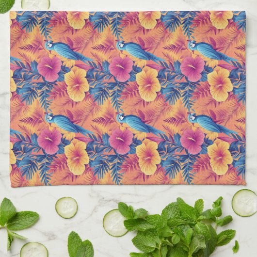 Levendige tropische bladeren en papegaaien zomerpa theedoek (Gevouwen)