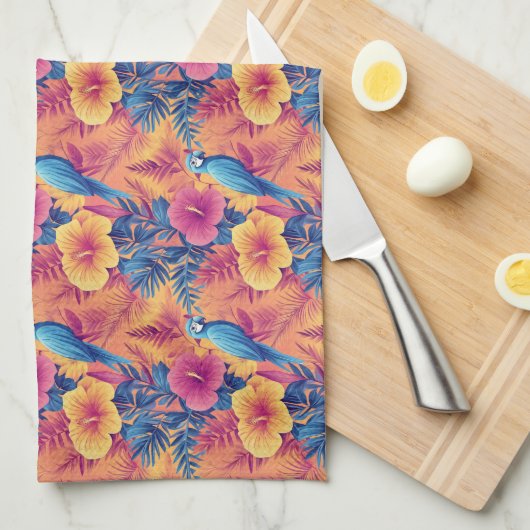 Levendige tropische bladeren en papegaaien zomerpa theedoek (Quarter Fold)